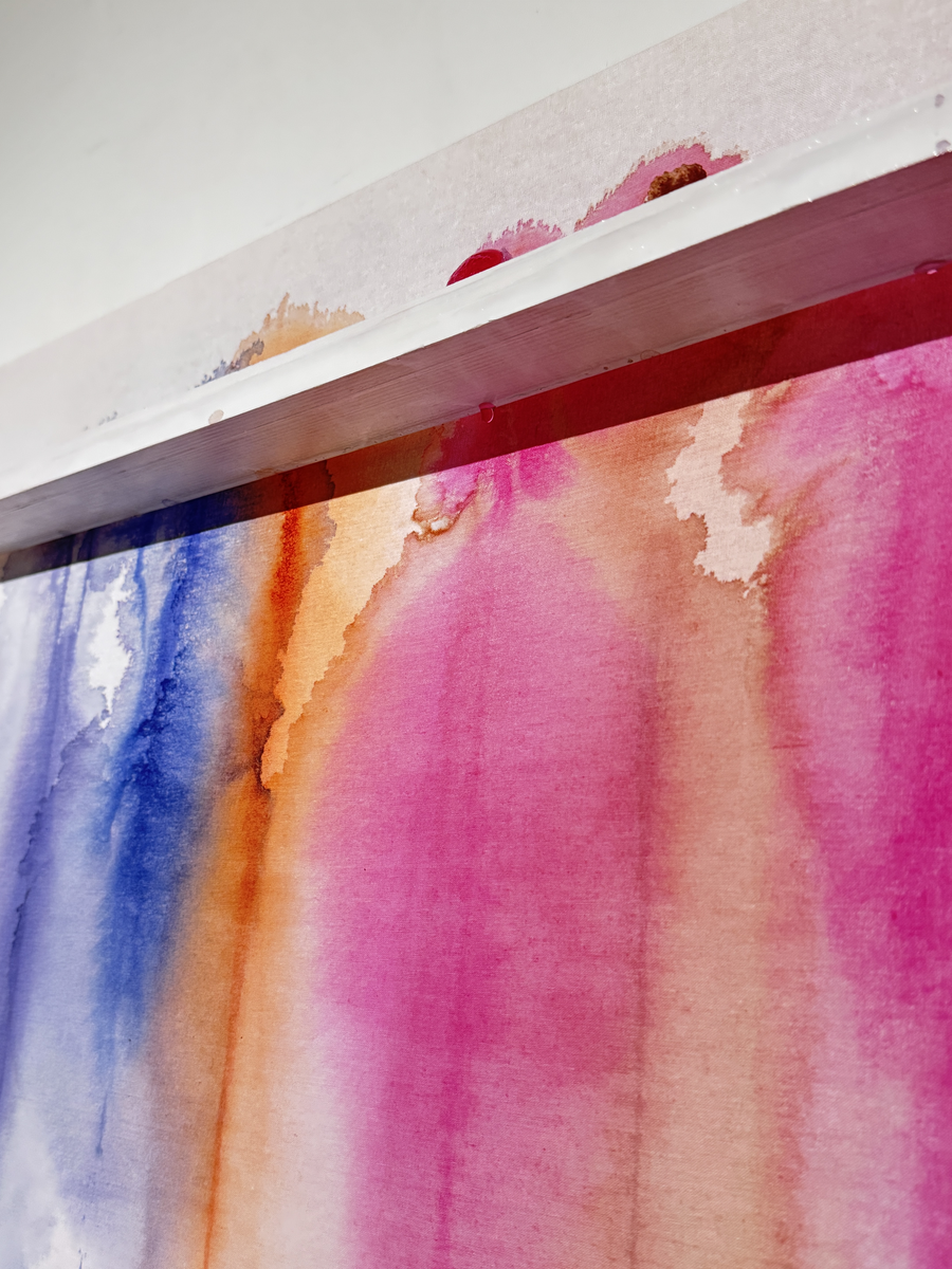 Detail of coloured pigments and materials in the hanging installation
