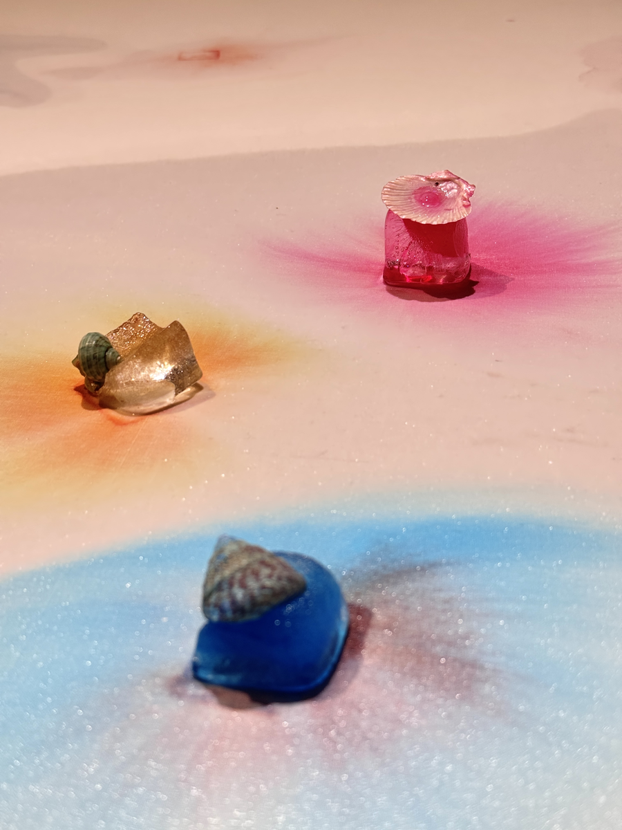 Shells and transparent materials surrounded by blue, pink and orange colour