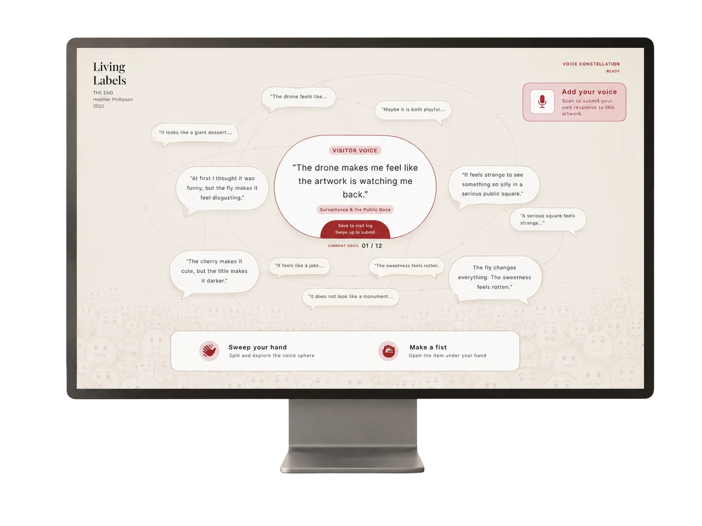 Public-interface presentation: a selected visitor voice surrounded by other perspectives.