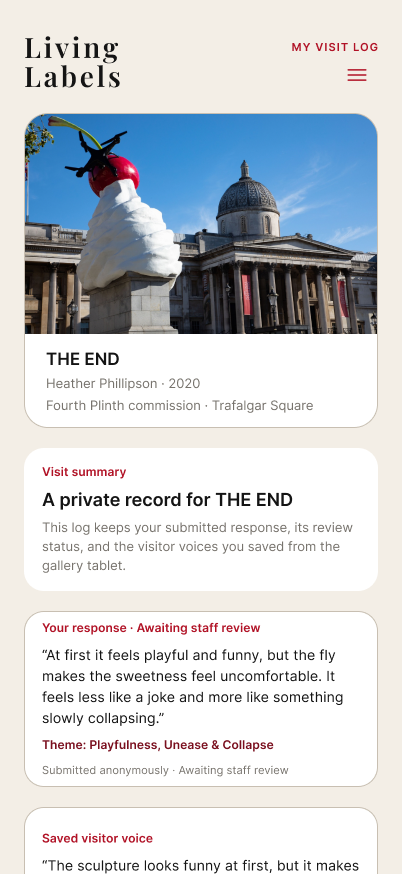 Complete My Visit Log design with a private record, contribution status and saved visitor voice.