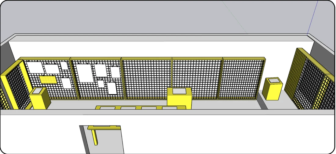 Team proposal showing modular mesh display frames with archive sheets, interpretation panels and movable display surfaces.