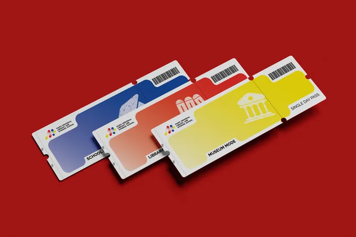 Application mockup of proposed visitor tickets for Museum, Library and School modes.