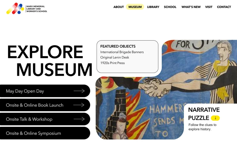 Museum Mode web proposal showing navigation, programme entry points, featured objects and narrative participation