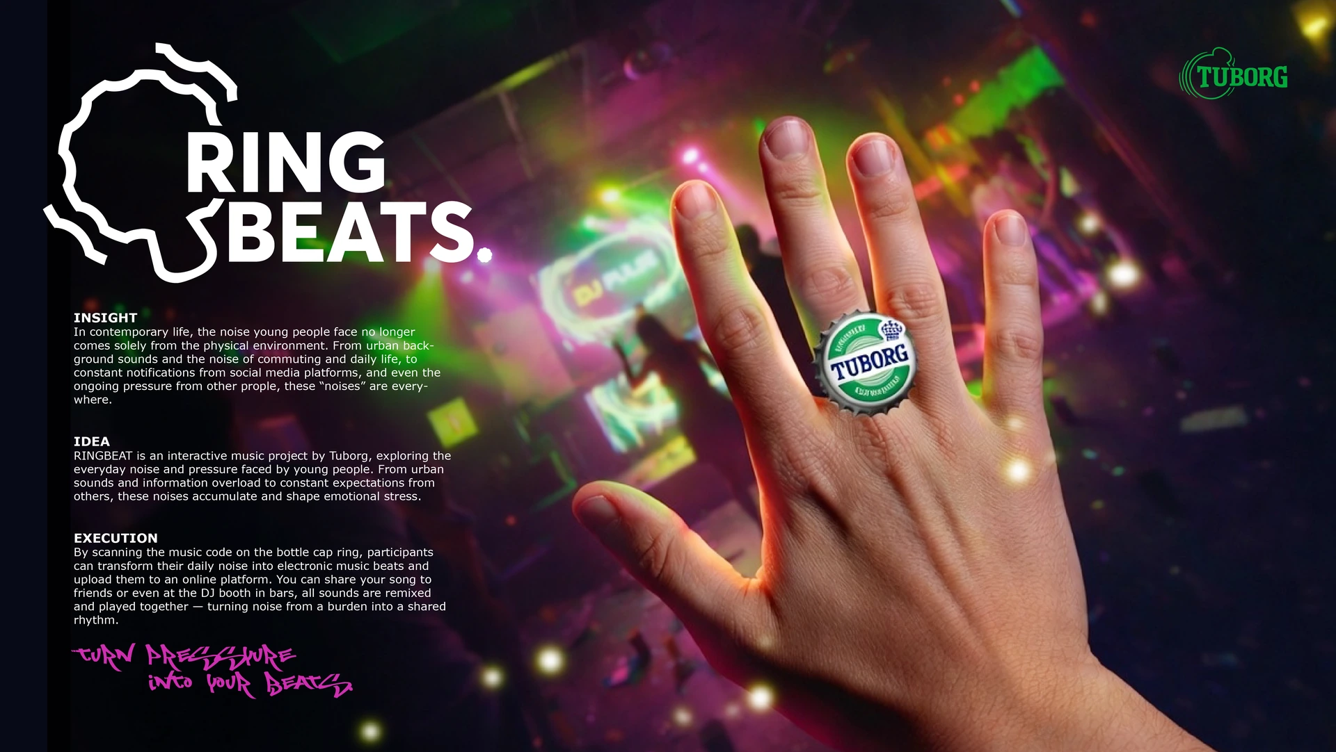 Complete original RingBeats coursework concept board: RingBeats wordmark, Insight, Idea, Execution and a hand wearing the Sound Ring.